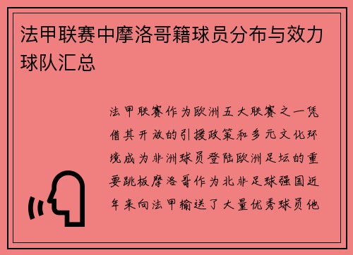 法甲联赛中摩洛哥籍球员分布与效力球队汇总