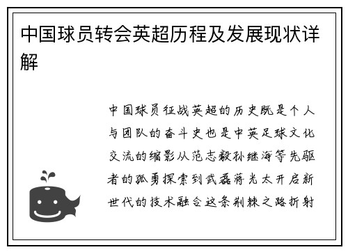 中国球员转会英超历程及发展现状详解